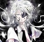  androgynous cairngorm_(houseki_no_kuni) death gem_uniform_(houseki_no_kuni) ghost_quartz_(houseki_no_kuni) hair_over_one_eye houseki_no_kuni long_hair necktie severed_hair shattered short_hair_with_long_locks shumiko_(kamenokoueki) smile spoilers white_hair 