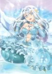  :d absurdres aqua_eyes aurora_star_coral bangs bare_shoulders blue_hair bracelet breasts brooch cardfight!!_vanguard choker circlet cleavage covered_nipples flower frills gloves hair_ornament highres jewelry kimura_shigetaka large_breasts long_hair looking_at_viewer mermaid microphone midriff monster_girl navel open_mouth ribbon skirt smile solo sparkle wrist_cuffs 