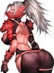  ass bare_back breasts commentary_request fumio_(rsqkr) huge_ass large_breasts leaning_forward long_hair looking_at_viewer looking_back mask monster_hunter monster_hunter:_world odogaron_(armor) pantylines rope silver_hair simple_background solo thighs white_background wide_hips yellow_eyes 