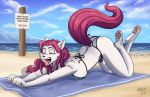  2018 anthro beach bikini breast_squish breasts bucky_o&#039;hare_(series) butt cat clothed clothing crossed_legs eyes_closed feet feline female full_body fur hair heresy_(artist) jenny_(bucky_o&#039;hare) mammal mountain open_mouth outside pawpads pink_hair sea seaside sign stretching swimsuit text tired tongue towel water white_fur yawn 