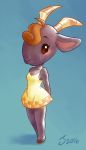  2016 animal_crossing anthro blue_background breasts brown_eyes caprine cleavage clothed clothing dress female forn fur goat grey_fur hair mammal nan_(animal_crossing) nintendo red_hair sankam short_stack simple_background solo video_games 