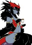  bare_shoulders black_gloves black_hair black_legwear blue_skin breasts cleavage commentary_request cup dark_skin dated demon_girl elbow_gloves fur_trim gloves highres holding horns juugoya_(zyugoya) looking_at_viewer mephisto_pheles_(shinrabanshou) navel parted_lips pointy_ears red_eyes shinrabanshou short_hair signature simple_background sitting slit_pupils small_breasts smile solo teacup thighhighs tray white_background 