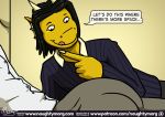  anthro big_bulge black_hair bulge claws clothed clothing comic dialogue dragon english_text fin hair head_fin horn male male/male naughtymorg smile stuart_(naughtymorg) text 