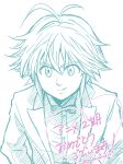  ahoge alternate_costume bow buttons closed_mouth commentary_request greyscale harumiya jacket long_sleeves looking_at_viewer meliodas monochrome nanatsu_no_taizai open_clothes open_jacket shirt sketch smile 