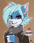  &lt;3 2017 anthro beverage blue_fur blue_hair cat clothed clothing coat coffee dialogue digital_media_(artwork) feline female fluff-kevlar fur hair looking_at_viewer mammal multicolored_fur open_mouth purple_eyes russian_text simple_background smile solo text two_tone_fur vikna white_fur 
