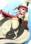  1girl arc_system_works ass blazblue blue_eyes blush breasts cape feathers from_below gloves hair_tubes hat long_hair looking_at_viewer looking_down military military_uniform open_mouth oulu pants red_hair sideboob solo tsubaki_yayoi very_long_hair 