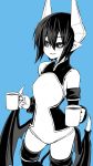  black_sclera blue_background blush coffee coffee_mug contrapposto cup demon_girl demon_horns demon_tail demon_wings elbow_gloves eyebrows_visible_through_hair gloves greyscale hair_between_eyes highres horns juugoya_(zyugoya) looking_at_viewer low_wings monochrome mug parted_lips pointy_ears seizaverus shinrabanshou short_hair simple_background slit_pupils smile solo standing tail thighhighs wings 