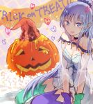  :d bare_shoulders blue_eyes blue_hair blue_scrunchie blush breasts capelet caster_lily choker cleavage fate/grand_order fate_(series) gloves hair_ornament hair_scrunchie heart inaeda_kei jack-o'-lantern long_hair looking_at_viewer mismatched_gloves mismatched_legwear open_mouth pointy_ears ponytail scrunchie see-through small_breasts smile solo thighhighs trick_or_treat very_long_hair 