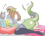  2018 animal_humanoid anthro blush breasts brown_hair cat_humanoid clothed clothing dragon feline female green_body grey_eyes grey_hair group group_sex hair humanoid humanoid_on_anthro inumatori larger_female legwear male male/female mammal nude partially_clothed pillow sex simple_background size_difference smaller_male stockings threesome white_background 