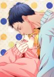  2boys aomine_daiki blonde_hair blush dark_skin earrings forehead_kiss kise_ryouta kiss kuroko_no_basuke male male_focus multiple_boys piercing smile sweater yaoi 