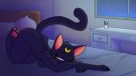  5_fingers anthro bed bedroom black_fur breasts cat desk feline female fur iguanasarecool inside luna_(sailor_moon) lying mammal markings night paws sailor_moon_(series) solo window 