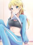  bangs black_bra blonde_hair blue_eyes blue_jacket blush bra breasts collarbone commentary_request eyebrows_visible_through_hair hachimiya_meguru hair_ornament hairclip highres idolmaster idolmaster_shiny_colors jacket kaiga knees_up large_breasts lifted_by_self long_hair looking_at_viewer low_twintails navel open_clothes open_jacket open_mouth shirt shirt_lift sitting solo sports_bra sweat track_suit twintails underwear white_shirt wiping_sweat 