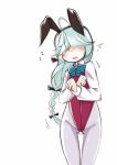  adapted_costume ahoge animal_ears black_ribbon blush bow bowtie braid bunny_ears bunny_girl bunnysuit cowboy_shot fake_animal_ears grey_hair hair_over_eyes hair_ribbon hamanami_(kantai_collection) highres kantai_collection leotard long_hair long_sleeves nassukun open_mouth pantyhose purple_leotard ribbon shirt simple_background single_braid solo white_background white_shirt 