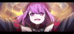  :d absurdres bangs bare_shoulders beret black_hat blush commentary_request eyebrows_visible_through_hair fate/grand_order fate_(series) hair_between_eyes hat helena_blavatsky_(fate/grand_order) highres long_hair open_mouth outstretched_arms protected_link purple_eyes purple_hair short_hair smile solo spread_arms upper_teeth wada_kazu 
