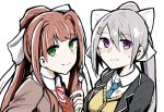  2girls brown_hair crossover doki_doki_literature_club eyebrows_visible_through_hair eyes_visible_through_hair green_eyes hair_between_eyes hair_ornament hair_ribbon hairclip hairstyle_connection highres higuchi_kaede kenmochi_touya logo long_hair look-alike looking_at_viewer mole mole_under_eye monika_(doki_doki_literature_club) multiple_girls necktie nijisanji pen ponytail purple_eyes ribbon sakeno_rarukan school_uniform silver_hair smile upper_body virtual_youtuber white_ribbon 