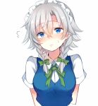  blue_eyes blush bow braid closed_mouth commentary_request double_bun eyebrows_visible_through_hair flying_sweatdrops green_bow green_neckwear green_ribbon hair_between_eyes hair_bow head_tilt izayoi_sakuya looking_up maid_headdress neck_ribbon nose_blush paragasu_(parags112) ribbon short_hair short_sleeves silver_hair simple_background solo sweat touhou upper_body white_background wing_collar 