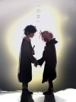  13369607380 1boy 1girl black_robe darling_in_the_franxx female green_eyes hair_between_eyes high_resolution hiro_(darling_in_the_franxx) horns long_sleeves male red_skin robe standing winter_coat zero_two_(darling_in_the_franxx) 