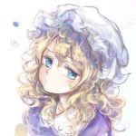  blonde_hair blue_eyes commentary_request dress frown hat highres long_hair looking_at_viewer maribel_hearn mob_cap purple_dress solo touhou uwazumi white_hat 