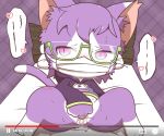  &lt;3 2018 anthro bed blush camera_view cat cat_busters clothed clothing eyewear feline female fingering fur glasses kaitendo looking_at_viewer mammal masturbation partially_clothed paws pink_eyes purple_fur pussy pussy_juice solo spread_legs spreading vaginal vaginal_fingering white_fur wood 