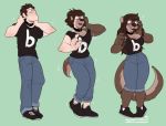  2017 anthro big_breasts blush breast_expansion breasts brown_hair clothed clothing eyewear female footwear gender_transformation glasses green_background hair happy hhazard human human_to_anthro long_hair male mammal mtf_transformation mustelid open_mouth otter pants sequence shirt shoes short_hair simple_background smile solo standing tail_growth transformation 