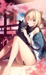  ;d animal artist_name bangs bare_legs barefoot black_bow black_cat black_panties black_scarf blonde_hair blurry blush bow cat commentary_request day depth_of_field eyebrows_visible_through_hair fate/grand_order fate_(series) grey_eyes hair_bow highres japanese_clothes kimono knees_up medium_hair necomi off_shoulder okita_souji_(fate) okita_souji_(fate)_(all) one_eye_closed open_mouth panties petals scarf sitting smile solo tareme underwear white_kimono wide_sleeves wooden_floor 