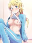  bangs blonde_hair blue_eyes blue_jacket blush breasts collarbone commentary_request eyebrows_visible_through_hair hachimiya_meguru hair_ornament hairclip highres idolmaster idolmaster_shiny_colors jacket kaiga knees_up large_breasts lifted_by_self long_hair looking_at_viewer low_twintails navel nipples no_bra open_clothes open_jacket shirt shirt_lift sitting smile solo sweat track_suit twintails white_shirt wiping_sweat 