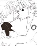  1girl breastplate breasts closed_mouth commentary_request dragon_tattoo elizabeth_liones gauntlets greyscale harumiya holding holding_sword holding_weapon large_breasts long_hair looking_at_another meliodas monochrome nanatsu_no_taizai parted_lips shoulder_tattoo sword tattoo weapon 