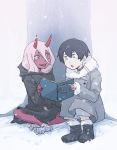  1boy 1girl black_hair black_robe boots coat darling_in_the_franxx female green_eyes hair_between_eyes high_resolution hiro_(darling_in_the_franxx) horns long_hair long_sleeves male red_skin robe short_hair silver_hair snow snowing solkorra user_xkhc2844 very_high_resolution winter winter_coat zero_two_(darling_in_the_franxx) 