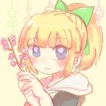  1girl blonde_hair blue_eyes blunt_bangs blush branch capcom eyebrow_visible_through_hair eyebrows_visible_through_hair flower green_bow hair_bow high_ponytail holding hood hood_down hoodie long_hair looking_to_the_side ponytail rairai00 rockman rockman_(classic) rockman_11 roll sidelocks sketch smile solo 