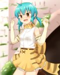  back_bow blue_hair blush bow bowtie breast_pocket commentary cosplay elbow_gloves embarrassed eyebrows_visible_through_hair frilled_skirt frills gloves hair_bobbles hair_ornament high-waist_skirt highres kemono_friends pocket sand_cat_(kemono_friends) sand_cat_(kemono_friends)_(cosplay) shiraha_maru short_hair skirt snake_tail solo tail tsuchinoko_(kemono_friends) vest 
