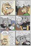  2018 angry anthro clothed clothing comic dialogue elephant english_text equine horse male mammal open_mouth ragdoll_(study_partners) speech_bubble study_partners text thunderouserections tongue trunk tusks wood woody_(study_partners) young 