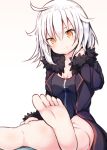  :t bangs bare_legs barefoot beni_shake black_dress black_jacket blush breasts brown_eyes cleavage closed_mouth commentary_request dress eyebrows_visible_through_hair fate/grand_order fate_(series) feet fur-trimmed_jacket fur-trimmed_sleeves fur_trim hair_between_eyes hand_up head_tilt jacket jeanne_d'arc_(alter)_(fate) jeanne_d'arc_(fate)_(all) long_sleeves looking_at_viewer medium_breasts open_clothes open_jacket pout silver_hair soles solo wicked_dragon_witch_ver._shinjuku_1999 