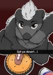  2018 anthro badger english_text food fur hair honey_badger honeymono looking_at_viewer male mammal musclegut mustelid nude penis pie short_stack simple_background slightly_chubby snapchat solo text whipped_cream 