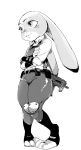  breasts clothing crossed_arms disney female gun hiranko judy_hopps lagomorph mammal monochrome pigeon_toed rabbit ranged_weapon small_breasts smile solo thick_thighs uniform weapon zootopia 