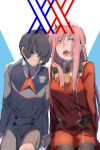  1boy 1girl black_hair black_legwear black_pantyhose darling_in_the_franxx dress female green_eyes hairband high_resolution hiro_(darling_in_the_franxx) horns long_hair long_sleeves male nana_choco pantyhose pink_hair red_dress short_hair uniform zero_two_(darling_in_the_franxx) 