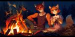  2018 anthro black_bars cat clothed clothing detailed_background duo feline female fur hair male mammal melloque night orange_fur outside red_hair 