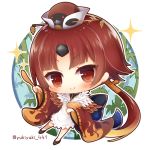  &gt;:) 1girl bamboo bangs benienma_(fate/grand_order) blue_bow blush bow brown_eyes brown_hair brown_hat brown_sleeves chibi closed_mouth commentary_request dress eyebrows_visible_through_hair fate/grand_order fate_(series) hat holding holding_spoon long_hair long_sleeves low_ponytail mini_hat parted_bangs ponytail smile solo sparkle spoon twitter_username v-shaped_eyebrows very_long_hair white_dress wide_sleeves wooden_spoon yukiyuki_441 