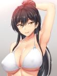  arm_up armpits bangs bikini_top black_hair blush breasts commentary_request eyebrows_visible_through_hair gradient gradient_background highres idolmaster idolmaster_shiny_colors large_breasts long_hair looking_at_viewer open_mouth ponytail shinyashiki shirase_sakuya smile solo upper_body yellow_eyes 