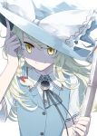  alternate_costume blonde_hair braid broom hat kirisame_marisa long_hair looking_at_viewer neck_ribbon ribbon sakuraba_yuuki single_braid smile solo touhou upper_body vest white_background witch_hat yellow_eyes 