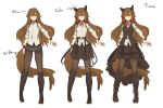  animal_ears arm_at_side ass_visible_through_thighs boots brown_footwear brown_hair brown_legwear brown_skirt brown_vest character_name cross-laced_footwear fake_animal_ears hair_between_eyes head_scarf knee_boots lace-up_boots lansane long_hair looking_at_viewer multiple_views orange_eyes original panties panties_under_pantyhose pantyhose shirt simple_background sketch skirt sleeves_rolled_up smile standing tail thighband_pantyhose tsana_(lansane) underwear vest white_background white_shirt wolf_tail wristband 