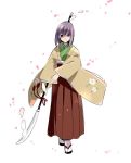  commentary_request empty_eyes hieda_no_akyuu japanese_clothes kimono koma_midori long_sleeves looking_at_viewer naginata polearm purple_eyes purple_hair sandals shaded_face simple_background touhou weapon white_background 