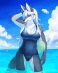  2018 anthro ball big_breasts breasts canine clothing day female fluffy fluffy_tail fur grey_fur hand_on_head hi_res holding_object mammal open_mouth outside sea slit_pupils solo standing swimsuit water white_fur yamame513 yellow_eyes 
