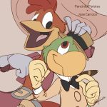  2018 4_fingers absurd_res anthro avian beak belt bird bow_tie character_name chicken clothed clothing colored_sketch digital_drawing_(artwork) digital_media_(artwork) disney duo feathers fist_bump gloves green_feathers hat hi_res jos&eacute;_carioca looking_at_another open_mouth open_smile panchito_pistoles parrot red_eyes red_feathers signature simple_background smile tan_background the_three_caballeros yellow_beak yellow_gloves yuki_kusama 