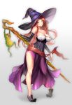  bare_shoulders breasts brown_eyes brown_hair cleavage commentary_request detached_sleeves dragon's_crown dress full_body hat hat_over_one_eye highres holding large_breasts long_hair looking_at_viewer side_slit simple_background solo sorceress_(dragon's_crown) staff standing strapless strapless_dress suishougensou thick_thighs thighs witch_hat 