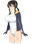  black_eyes black_hair black_jacket breasts cosplay covered_navel cowboy_shot drawstring emperor_penguin_(kemono_friends) emperor_penguin_(kemono_friends)_(cosplay) headphones highleg highleg_leotard highres hood hoodie jacket kagemusha kemono_friends large_breasts leotard looking_at_viewer low_ponytail multicolored_hair open_clothes open_hoodie original short_ponytail simple_background smile solo standing thighhighs white_background white_legwear white_leotard 