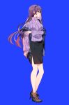  alternate_costume bag black_skirt blue_background casual commentary doki_doki_literature_club english_commentary full_body hairband high_heels highres long_hair parted_lips profile purple_hair ribbed_sweater savi_(byakushimc) simple_background skirt solo sweater very_long_hair yuri_(doki_doki_literature_club) 
