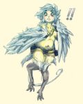  ! avian blue_feathers clothed clothing feathered_wings feathers female freckles hair harpy hi_res littleitty oak_(cibastion) purple_eyes shorts simple_background solo topless white_background winged_arms wings 
