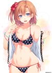  bikini blue_eyes blush bracelet breasts brown_hair chobipero cleavage collarbone cowboy_shot flower front-tie_top hair_between_eyes hair_flower hair_ornament hibiscus highres jewelry kousaka_honoka large_breasts love_live! love_live!_school_idol_project navel off_shoulder one_side_up orange_hair print_bikini rose side-tie_bikini solo star star_print stomach sweat swimsuit twitter_username water_drop 