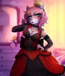  abluedeer anthro breasts clothed clothing detailed_background digital_media_(artwork) female fur hair mammal pink_fur pink_hair solo spots spotted_fur 
