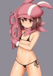  animal_ears animal_hat bandana bangs bare_shoulders bikini black_bikini blush breasts brown_hair bullpup bunny_ears bunny_hat commentary fur-trimmed_gloves fur_trim gloves grey_background groin gun hair_between_eyes hands_up hat holding holding_gun holding_weapon llenn_(sao) looking_at_viewer micro_bikini navel p-chan_(p-90) p90 parted_lips pink_bandana pink_gloves pink_hat red_eyes shiny shiny_skin side-tie_bikini simple_background small_breasts solo submachine_gun swimsuit sword_art_online sword_art_online_alternative:_gun_gale_online toshishikisai weapon 